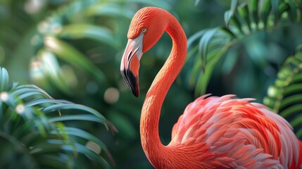 Obraz premium A flamingo is standing in a lush green forest