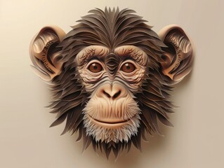  3D layered paper art style illustration art of a baby monkey smiling softly, head in frontal view