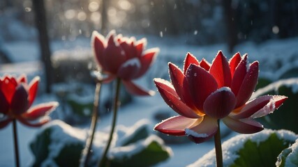 A Fresh and red Beautiful Lotus Flower is Blooming and glowing in the morning in a pond.