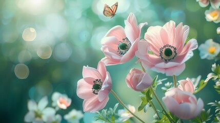 Fresh pink anemones on a fresh spring morning with a fluttering butterfly on a soft green background, macro, spring template, elegant amazing artistic image, free space for text.