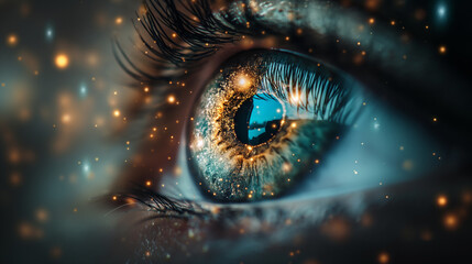 Ethereal illustration of a human eye, with the iris revealing a galaxy, reflecting the concept of universal vision and inner insight