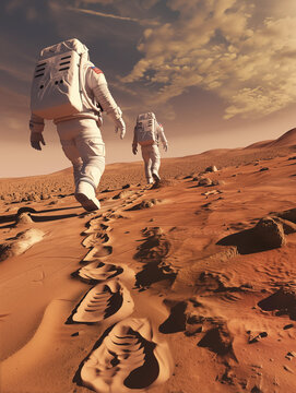Empreinte de pas d'astronautes dans le sol sablonneux de Mars.