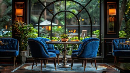 Restaurant table for 2 persons with blue chairs copy space for text