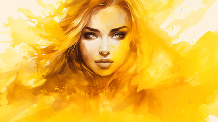 Beautiful woman face with yellow watercolor splashes. Digital art painting