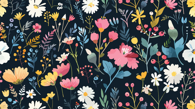 Floral seamless pattern with flowering plants and ber
