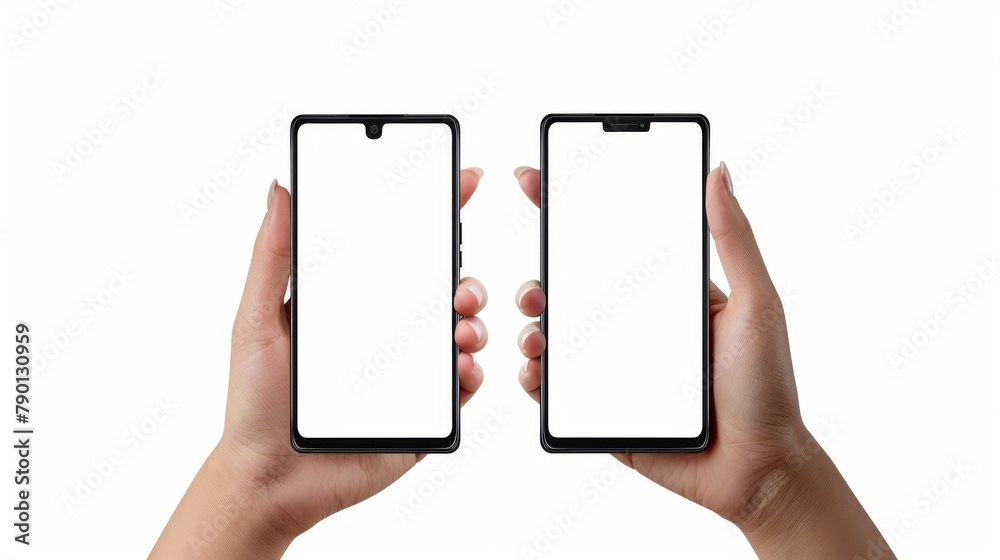 Wall mural using a black smartphone with a framedless design with a blank screen, a woman is holding the phone 