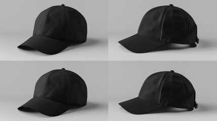 Here's a mockup of a black baseball cap seen from four different angles.