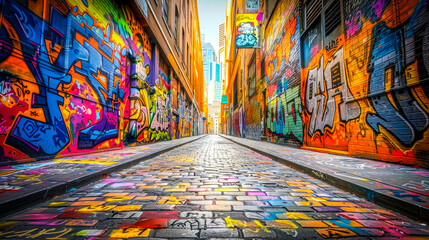 Colorful Urban Graffiti Art on Alley Walls.