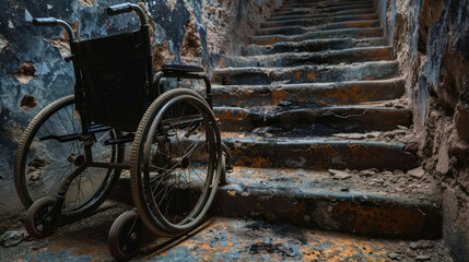 abandoned wheelchair facing inaccessible old stairway depicting accessibility issues
