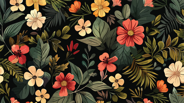 Floral seamless pattern with flowers and plants in bl