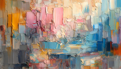 An abstract image with a richly textured surface, featuring broad strokes of pastel colors. The colors include shades of pink, blue