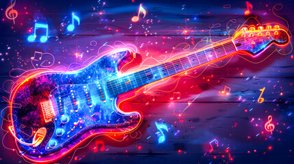 Neon Glow Electric Guitar with Musical Notes.