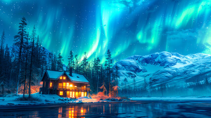 Obraz premium Northern Lights Over Snowy Winter Cabin.