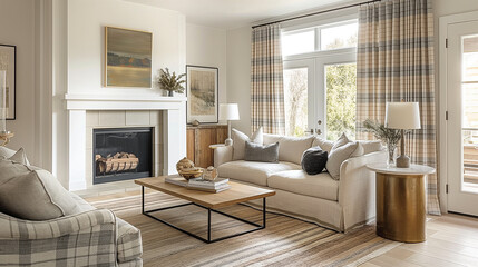 Modern rustic living room with light walls, white fireplace and plaid curtains, large vintage rug