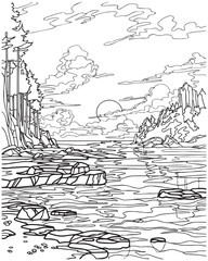 Landscape with river. Coloring book