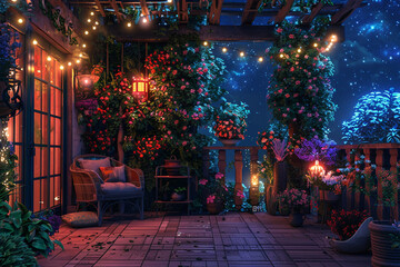 A whimsical bohemian balcony garden overflowing with flowers, fairy lights, and a cozy seating area perfect for stargazing.