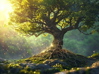 Fototapeta premium Healthy planet symbol, tree bathed in light