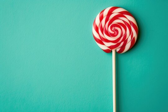 Closeup of red and white striped lollipop, isolated on turquoise background