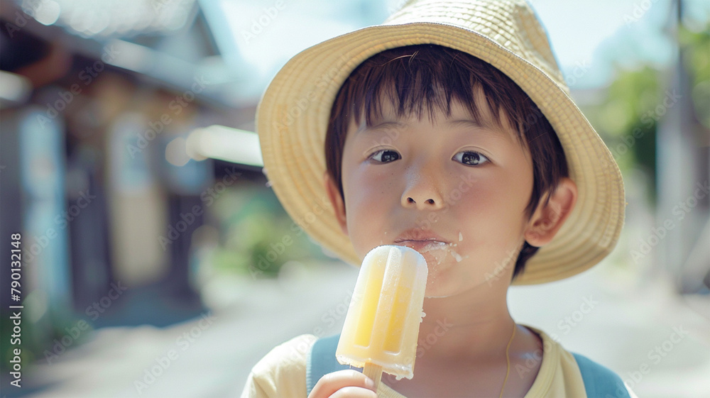 Poster アイスを食べる日本人の少年