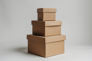 The image shows a neatly stacked trio of plain cardboard boxes against a simple, off-white background, exemplifying order and organization. - Powered by Adobe