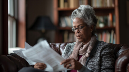 Senior woman holding paperwork, filling out forms,  reading bills