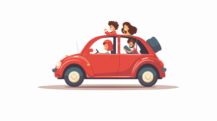 Funny family driving in red car on weekend holiday. vector