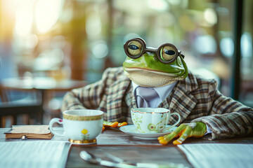 A frog in an elegant suit and monocle, sitting at a table with a porcelan tea set in his hand. - 790132760