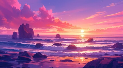 Experience the breathtaking beauty of a sunrise or sunset over the ocean in a stunning natural landscape setting Picture vibrant pink clouds drifting across the sky towards the radiant sun c - obrazy, fototapety, plakaty