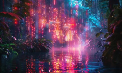 Illuminate the potential of Edge AI through a striking pixel art composition, where a high-tech AI interface meets the raw beauty of nature, creating a visually captivating contrast that sparks curios