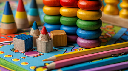 wooden multi-colored children's toys for development and fine motor skills on a blue bright background