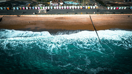 Aerial view of a Brighton and Hove beach on a windy day, East Sussex, UK