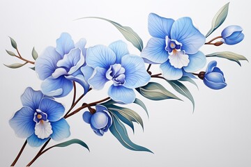 A branch of blue orchid flowers, illustration on a light gray background