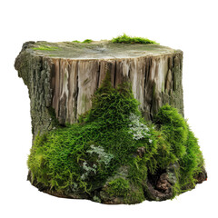 Moss-covered old tree stump on white background