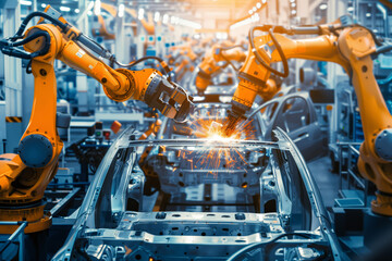 A robot efficiently welds a car on an assembly line in a manufacturing factory