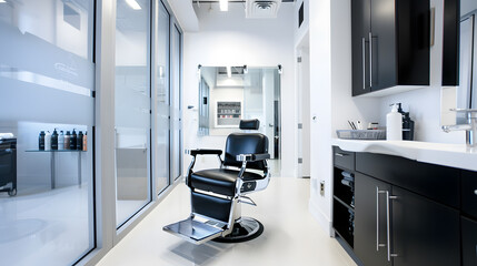 Horizontal shot of empty chairs in a retro-styled barbershop. Hair salon interior.
