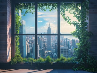 Eco-friendly cityscape through office window