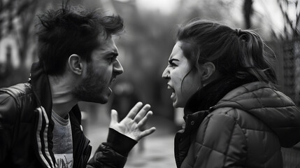 Angry worried young spouses quarrelling and arguing at home, annoyed nervous millennial wives shouting and screaming at frustrated husbands accusing them of cheat threatening breakup divorce