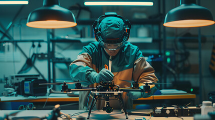 A technician in a teal and beige outfit is repairing the propellers of a drone in a tech lab