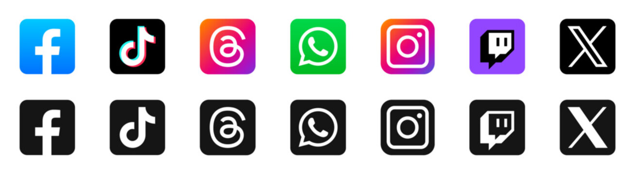 Popular social media logo set. Facebook, twitter, instagram, youtube, snapchat, whatsap, linkedin,  Collection of popular social media logo. Rivne, Ukraine - April 20, 2024