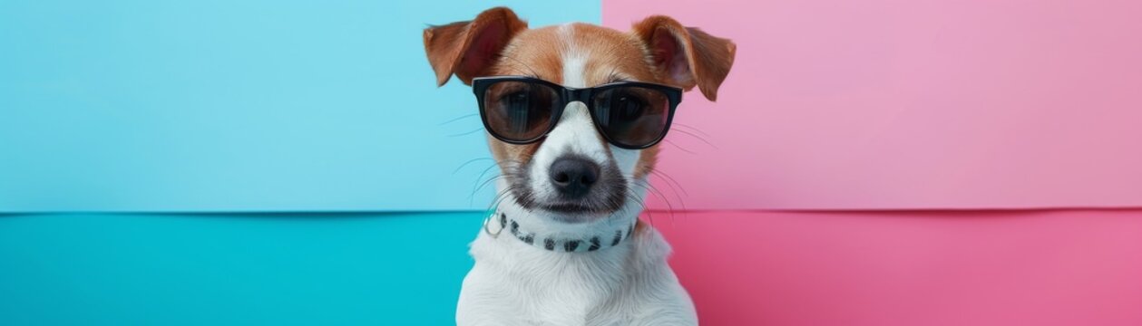 college art of a slacker puppy in front of an abstract background of electric pink, azure, and powder blue. Minimalistic with negative space, following the rule of thirds.