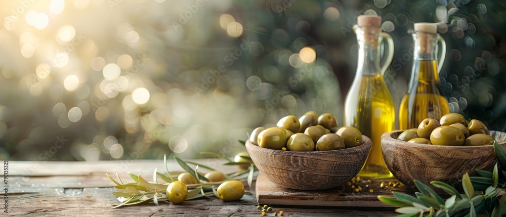 Wall mural  kitchen glass fresh olives in rustic bowls 