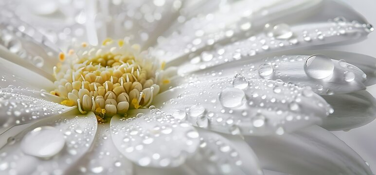 Close up view. Beautiful white Daisy with drops of water on the white petals