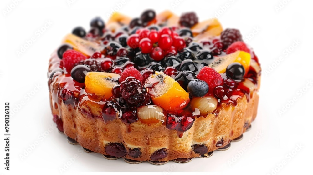 Poster A cake with assorted fruits on a white surface