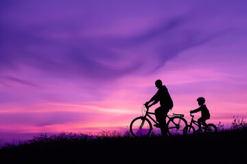 A snapshot of a dad's and kid's bicycle ride at dusk, isolated on a bonding journey purple background, for World Father's Day