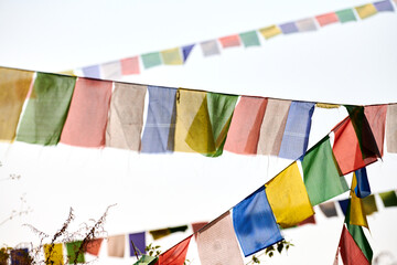 Colorful Tibetan prayer flags flutter ancient prayers into serene mountain wind at top of high hill...