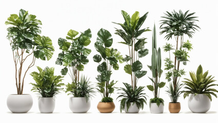 Several potted plants sit in a row against a white background.

]