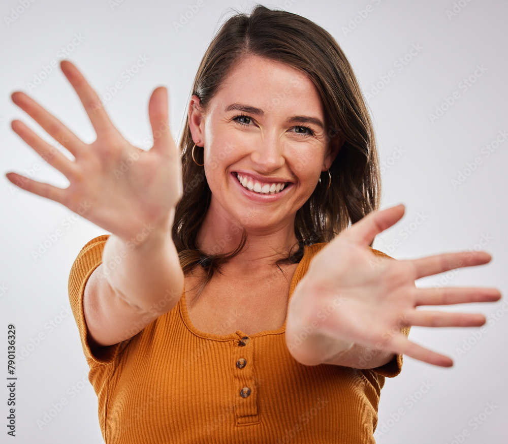 Wall mural palm, wave and portrait of happy woman in studio with hello, welcome or warm greeting on white backg