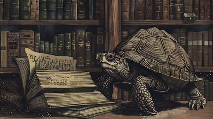 A turtle donning a wise pair of glasses and clutching an old book. with its shell glistening
