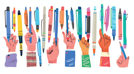Hands holding pen pencils markers highlighters set. F