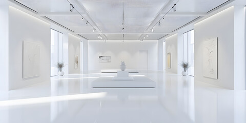 Contemporary art gallery interior, white and spacious, for a sophisticated display of fine arts or luxury items 